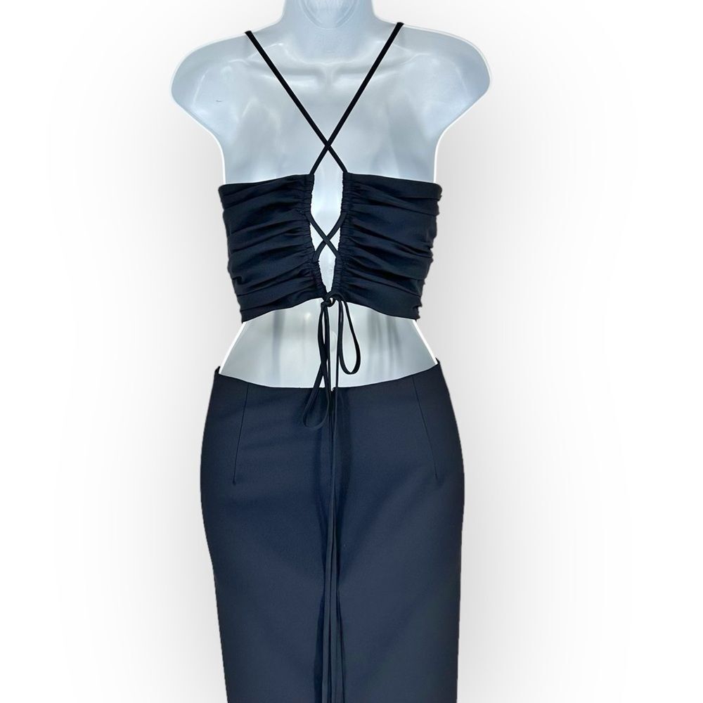 CINQ À SEPT NWT Judy Ruched Navy Backless Midi-Dress- size 12- sexy classic - Picture 7 of 13